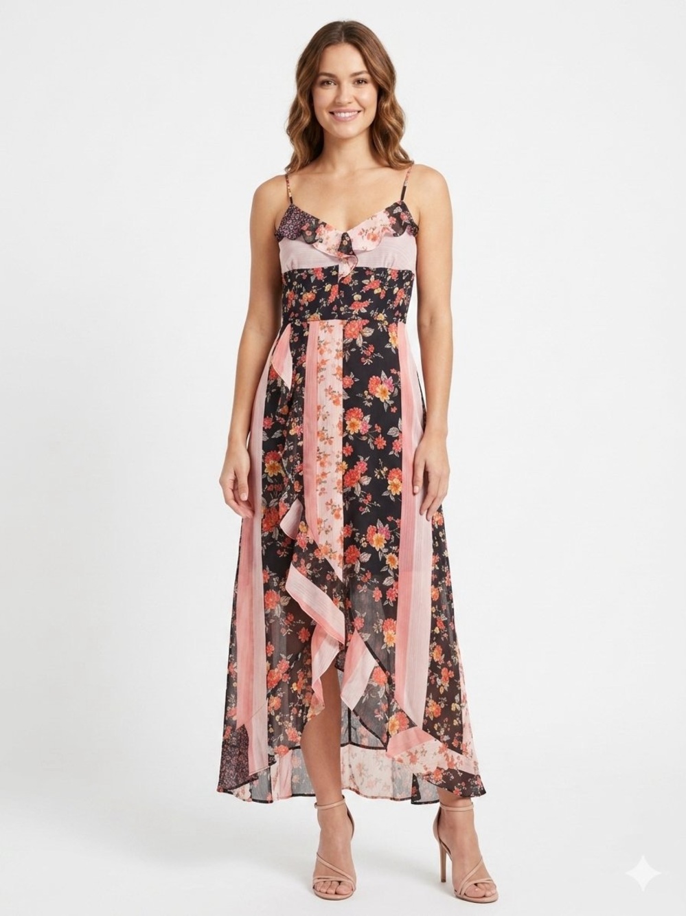 Kensie Black and Pink Floral High-Low Midi Dress